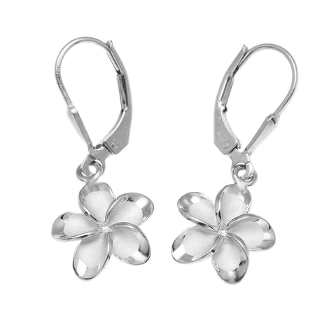 925 Silver Rhodium Hawaiian Plumeria Flower No CZ Stone Leverback Earrings