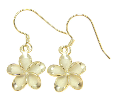 925 Silver Yellow Gold Hawaiian Plumeria Flower No CZ Stone Wire Hook Earrings