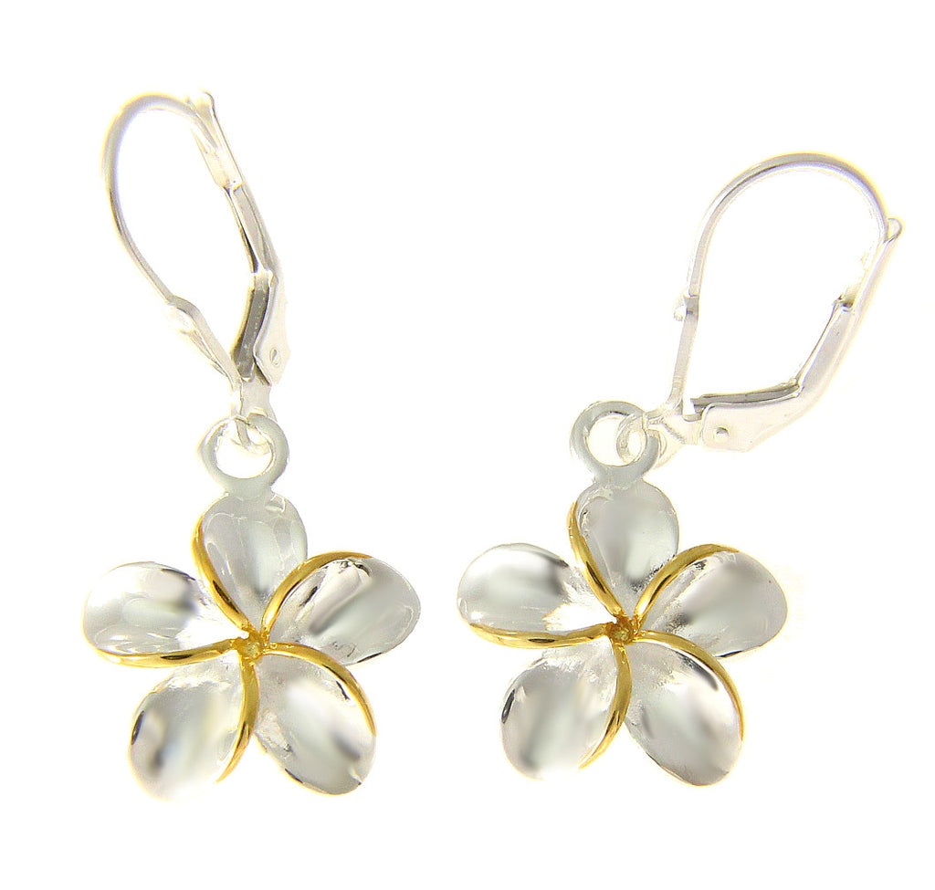 15MM SILVER 925 SHINY HAWAIIAN PLUMERIA FLOWER LEVERBACK EARRINGS YELLOW 2 TONE