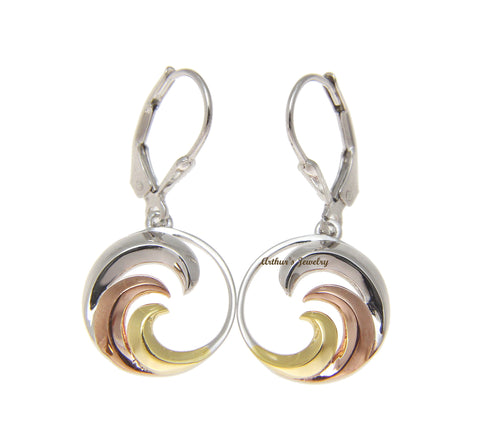 925 Sterling Silver Tricolor Hawaiian 15mm Ocean Wave Leverback Dangle Earrings