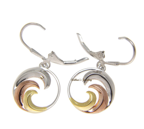 925 Sterling Silver Tricolor Hawaiian 15mm Ocean Wave Leverback Dangle Earrings