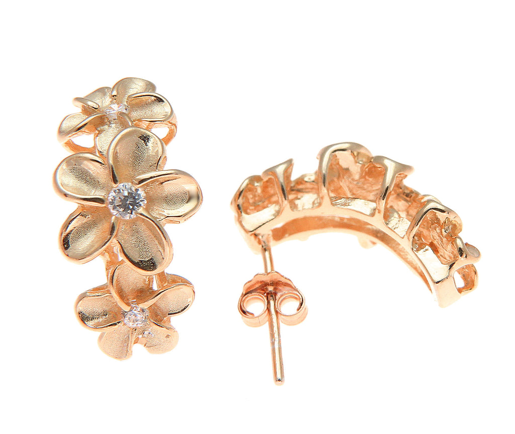 PINK ROSE GOLD STERLING SILVER 925 HAWAIIAN PLUMERIA FLOWER HOOP POST EARRINGS