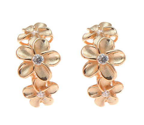 PINK ROSE GOLD STERLING SILVER 925 HAWAIIAN PLUMERIA FLOWER HOOP POST EARRINGS