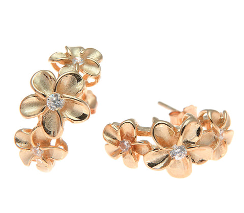 PINK ROSE GOLD STERLING SILVER 925 HAWAIIAN PLUMERIA FLOWER HOOP POST EARRINGS
