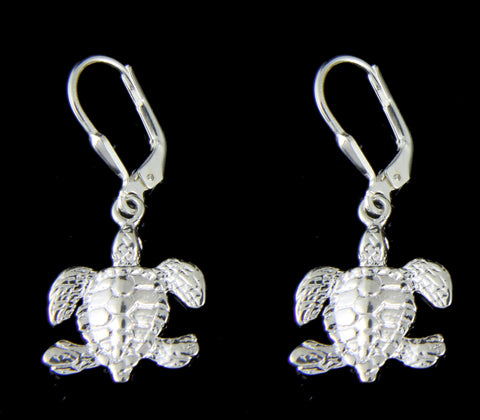 STERLING SILVER 925 SHINY HAWAIIAN SEA TURTLE LONG WIRE HOOK LEVERBACK EARRINGS