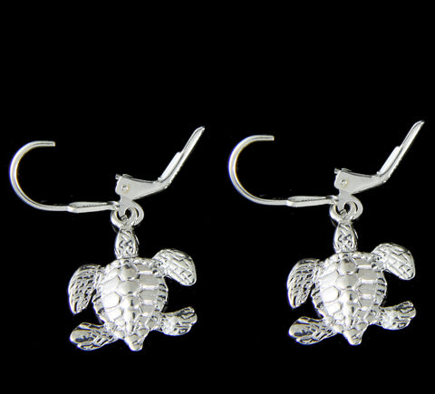 STERLING SILVER 925 SHINY HAWAIIAN SEA TURTLE LONG WIRE HOOK LEVERBACK EARRINGS