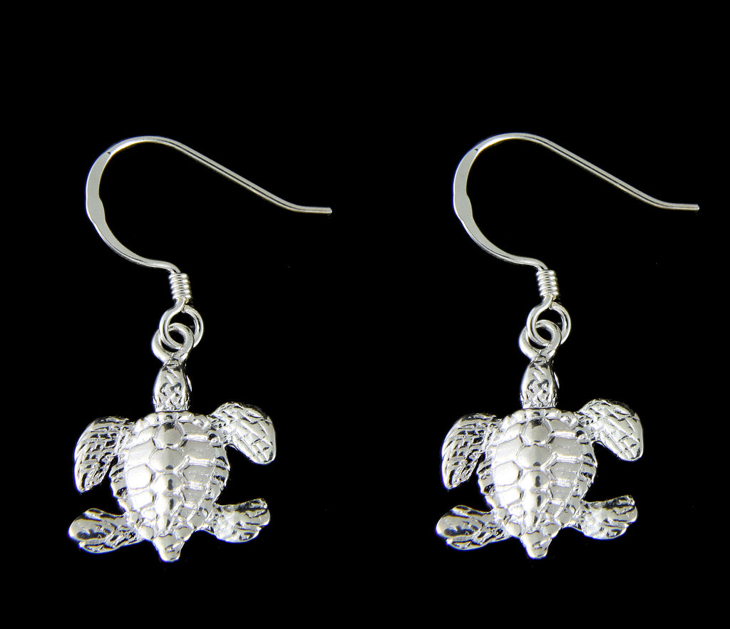 STERLING SILVER 925 SHINY HAWAIIAN SEA TURTLE LONG WIRE HOOK LEVERBACK EARRINGS