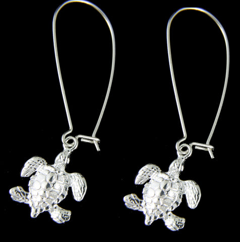 STERLING SILVER 925 SHINY HAWAIIAN SEA TURTLE LONG WIRE HOOK LEVERBACK EARRINGS
