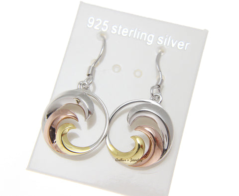 925 Sterling Silver Tricolor Hawaiian 15mm Ocean Wave Wire Hook Dangle Earrings