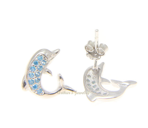 925 Sterling Silver Blue Topaz Hawaiian Dolphin Post Stud Earrings