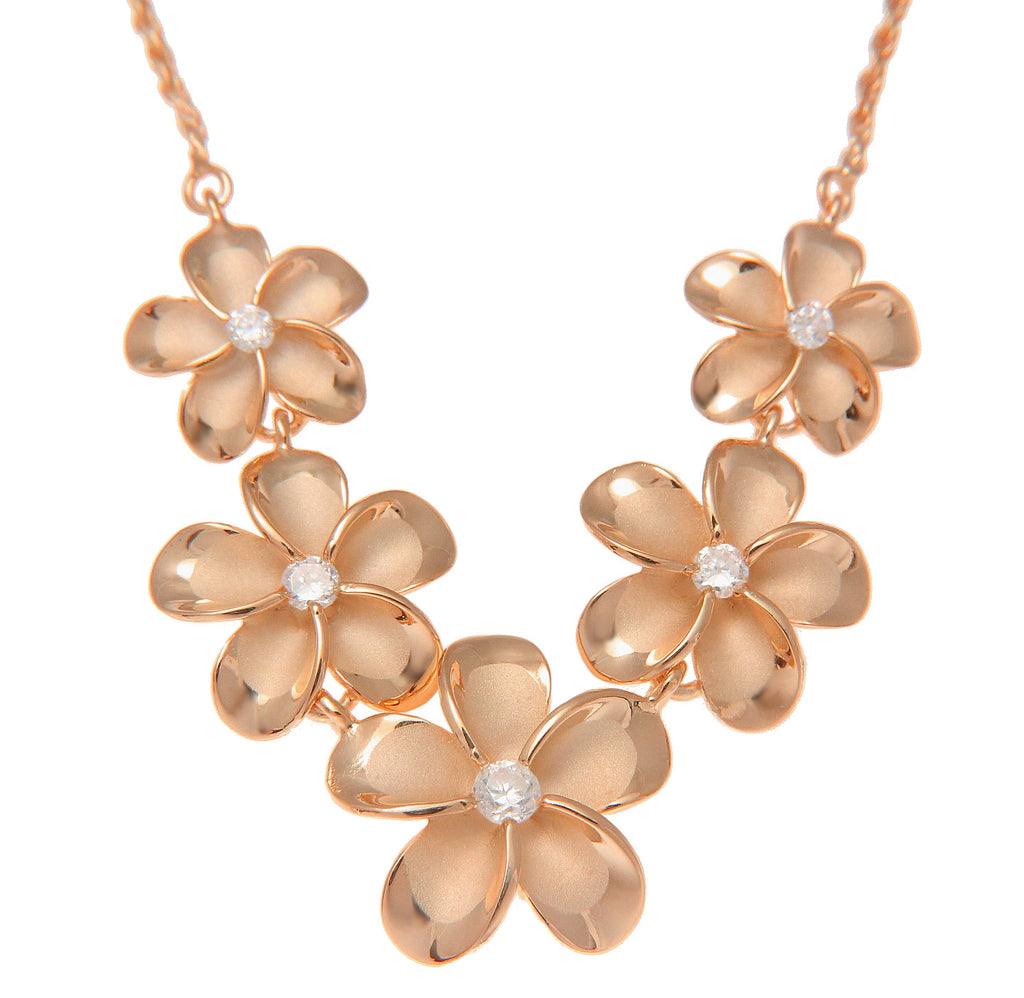 PINK ROSE GOLD PLATED SILVER 925 5 HAWAIIAN PLUMERIA FLOWER NECKLACE LARGE
