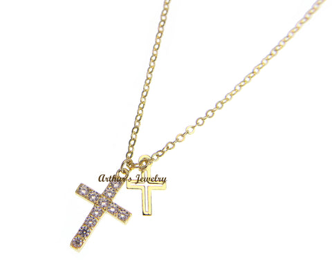 STERLING SILVER 925 YELLOW GOLD PLATED CZ CROSS NECKLACE CHAIN INCLUDED 16"+1"