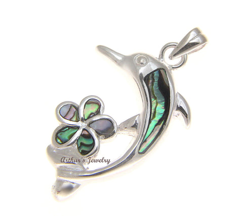 925 Sterling Silver Hawaiian Dolphin Plumeria Flower Abalone Paua Shell Pendant