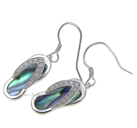 925 Sterling Silver Hawaiian CZ Slipper Abalone Shell Paua Wire Hook Earrings