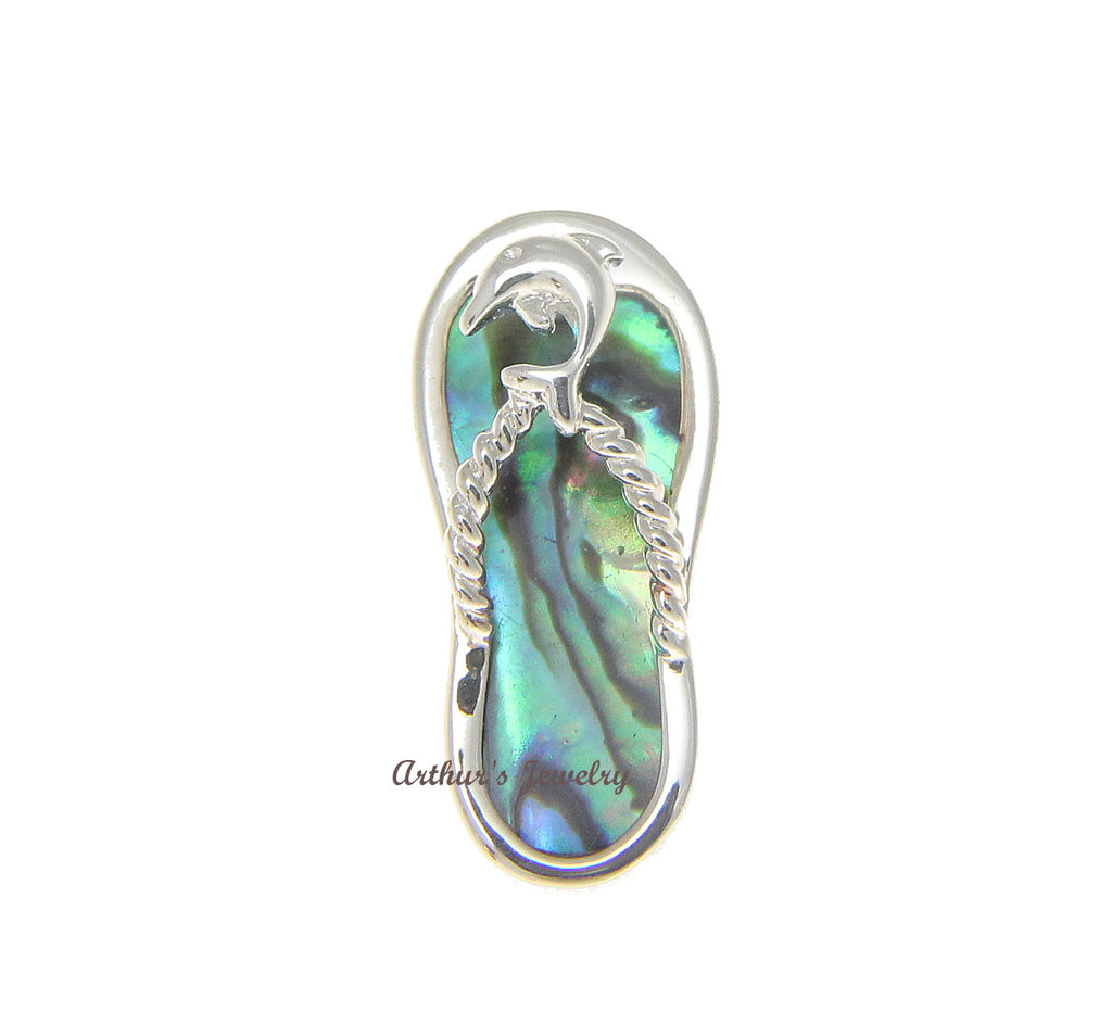 925 Silver Hawaiian Dolphin Slipper Flip Flop Abalone Paua Shell Slider Pendant
