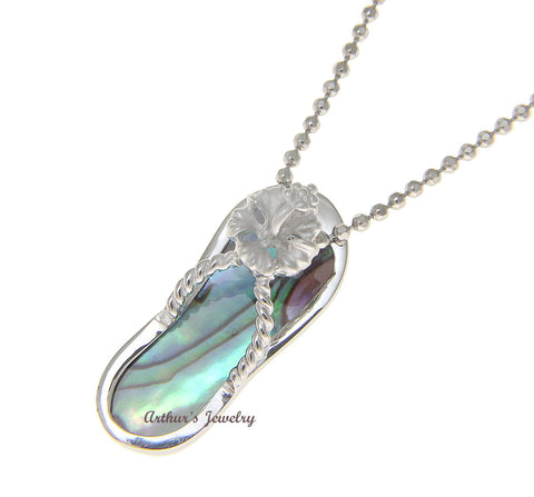 925 Silver Hawaiian Hibiscus Flower Slipper Flip Flop Abalone Paua Shell Pendant