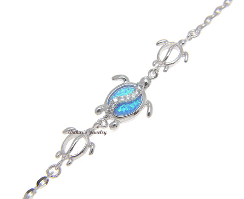 925 Silver Rhodium Hawaiian Sea Honu Turtle CZ Blue Opal Link Chain Bracelet 7"+