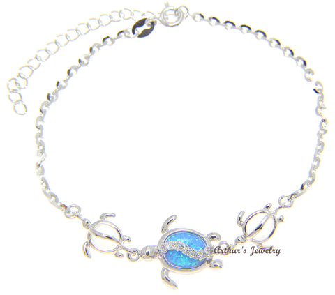 925 Silver Rhodium Hawaiian Honu Sea Turtle CZ Blue Opal Link Chain Anklet 9"+