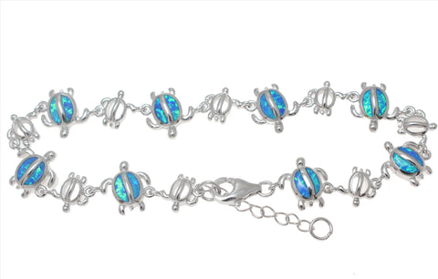 925 Sterling Silver Rhodium Hawaiian Sea Turtle Honu Blue Opal Bracelet 7"+
