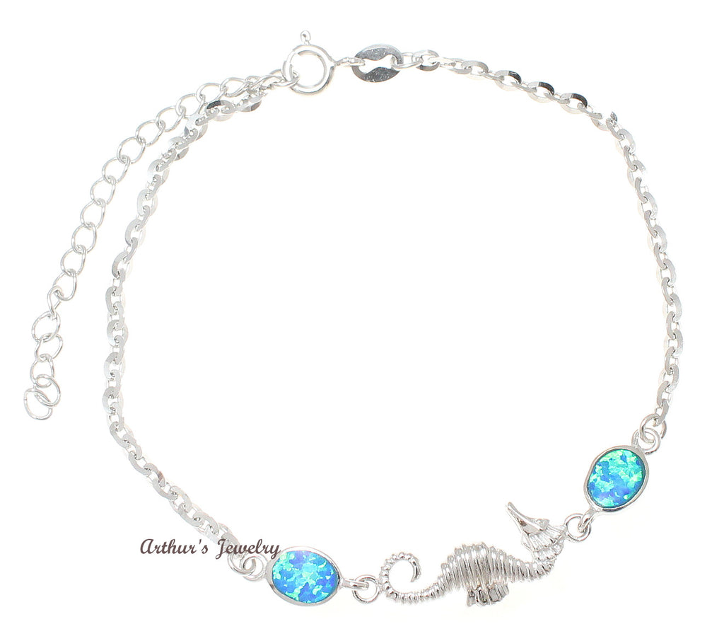 925 Sterling Silver Rhodium Hawaiian Seahorse Blue Opal Link Chain Bracelet 7"+