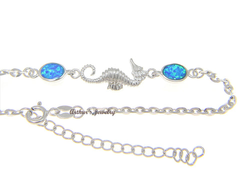 925 Sterling Silver Rhodium Hawaiian Seahorse Blue Opal Link Chain Anklet 9.5"+
