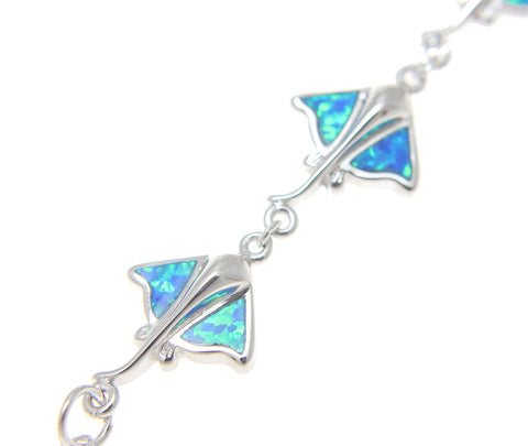 925 Sterling Silver Rhodium Hawaiian Stingray Ray Fish Blue Opal Bracelet 7"+