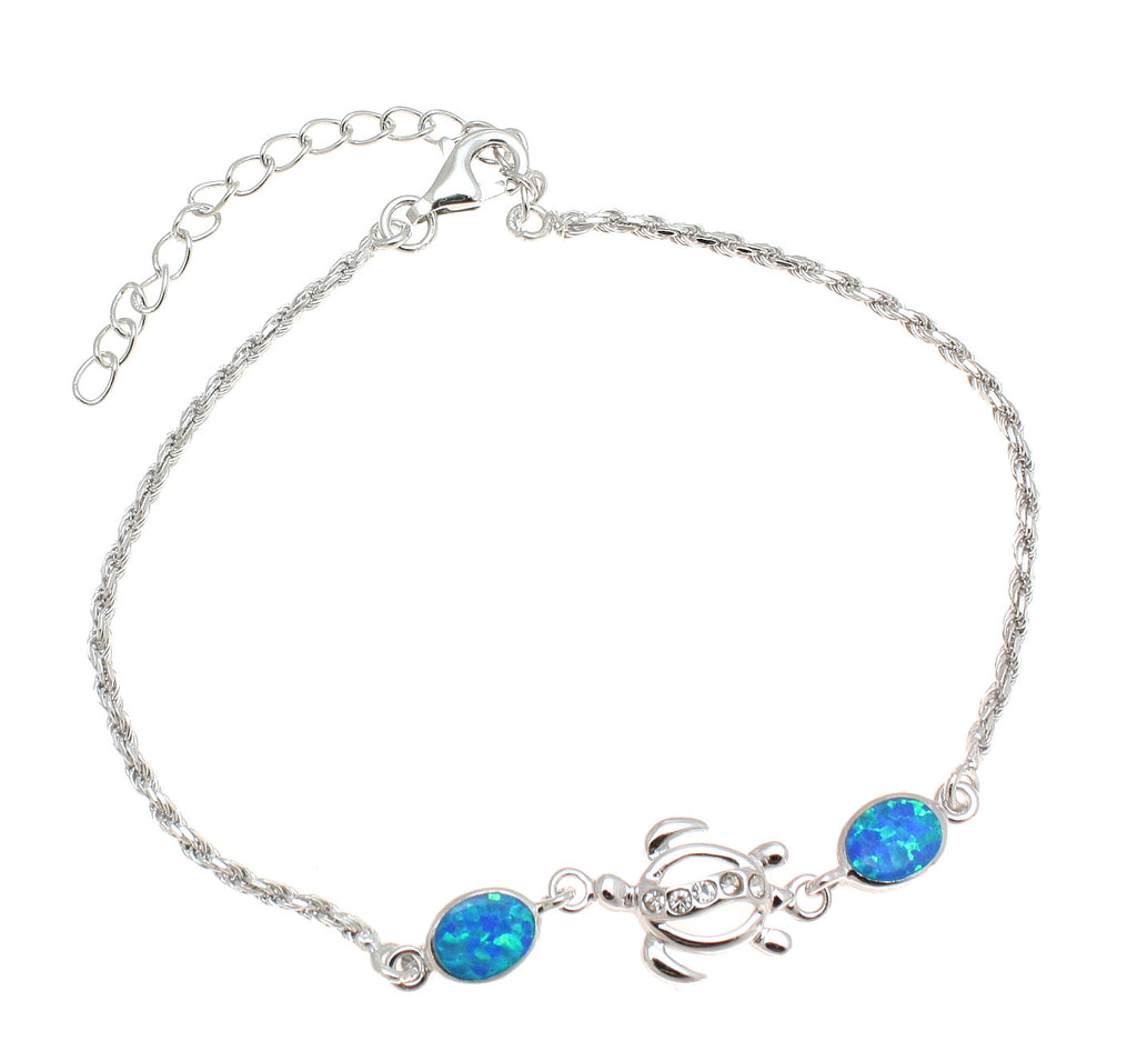 925 Silver Rhodium Hawaiian Sea Honu Turtle CZ Blue Opal Rope Chain Bracelet 7"+