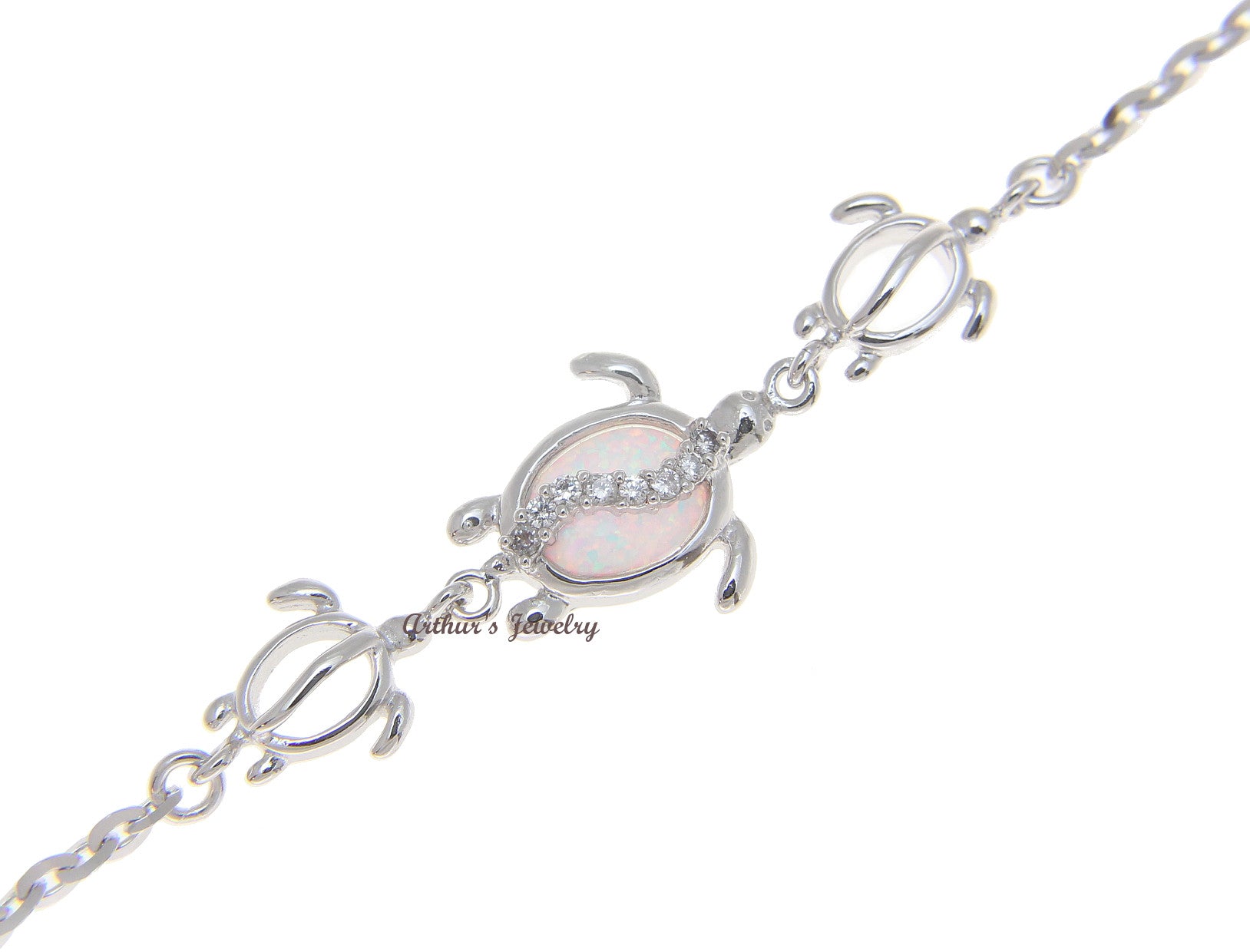 925 Silver Rhodium Hawaiian Honu Turtle CZ White Opal Link Chain