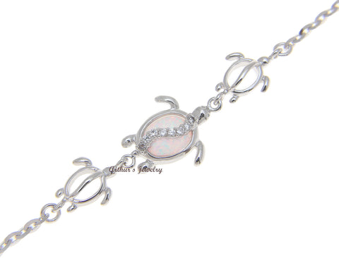 925 Silver Rhodium Hawaiian Honu Turtle CZ White Opal Link Chain Bracelet 7"+