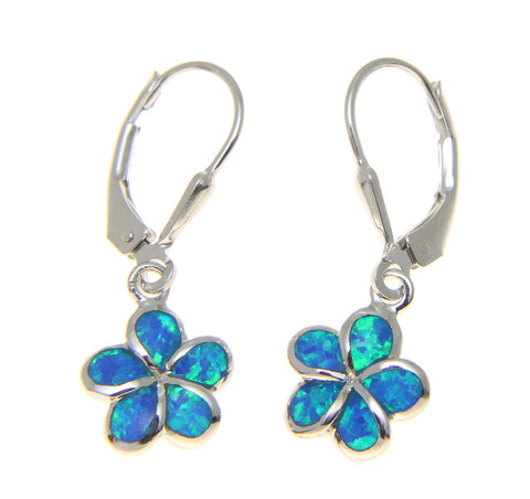 925 SILVER RHODIUM INLAY OPAL 10MM HAWAIIAN PLUMERIA FLOWER LEVERBACK EARRINGS