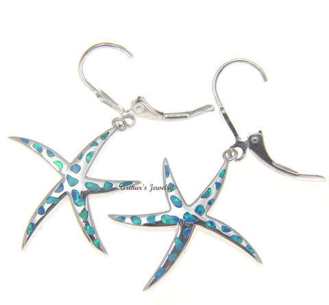925 Silver Rhodium Hawaiian Starfish Sea Star Blue Opal Leverback Earrings