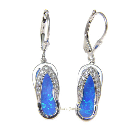 925 Sterling Silver Rhodium Hawaiian CZ Slipper Blue Opal Leverback Earrings