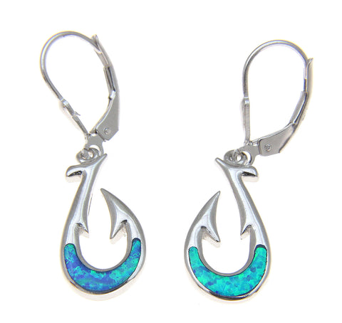 925 Sterling Silver Rhodium Hawaiian Fish Hook Blue Opal Leverback Earrings