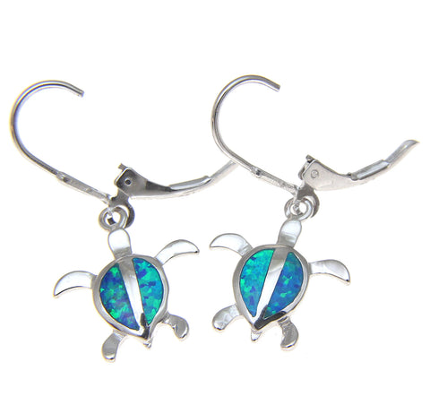 925 Sterling Silver Rhodium Hawaiian Honu Sea Turtle Opal Leverback Earrings