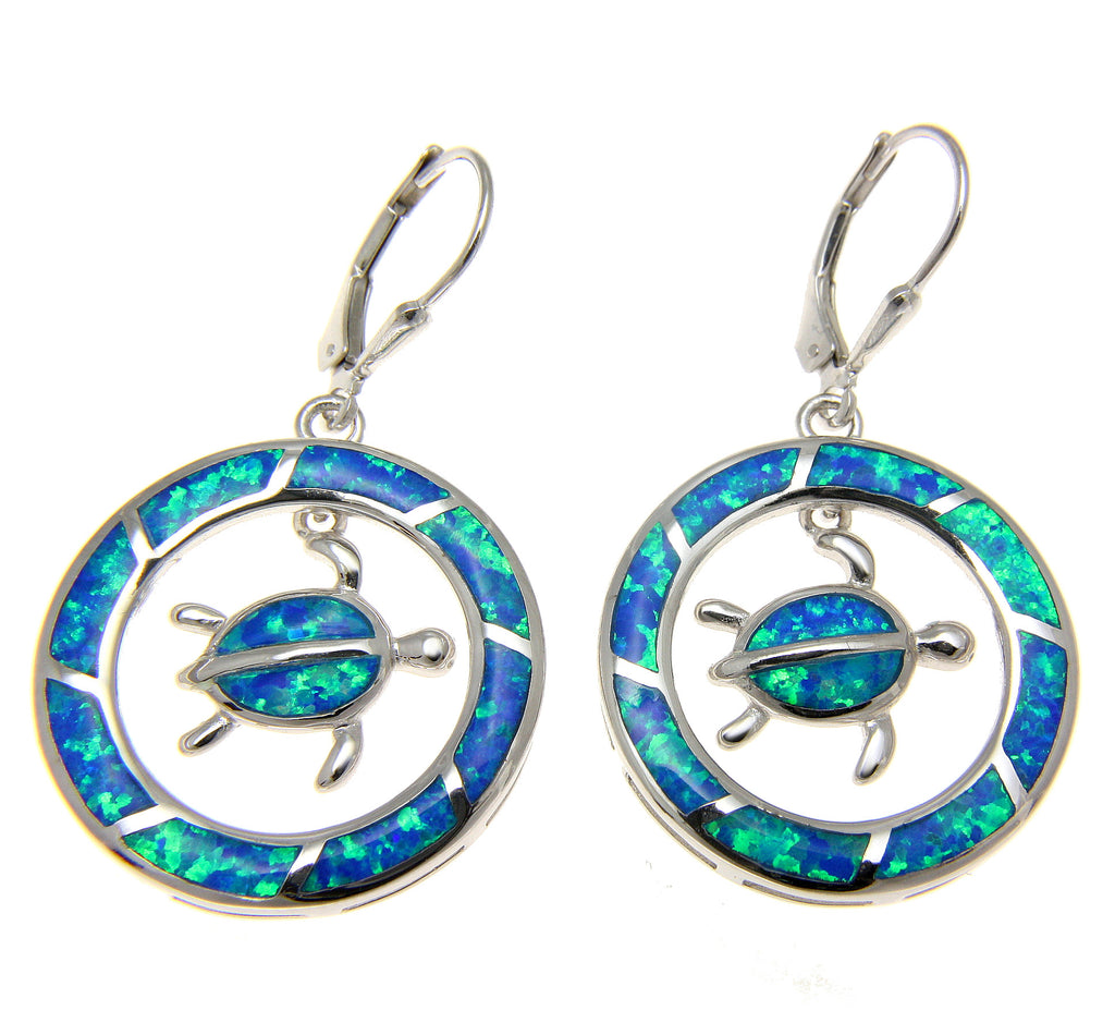 INLAY OPAL HAWAIIAN HONU TURTLE DANGLE CIRCLE LEVERBACK EARRINGS SILVER 925