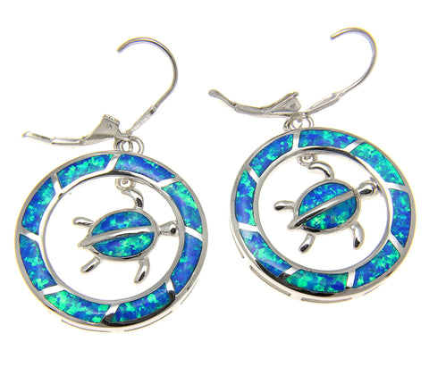 INLAY OPAL HAWAIIAN HONU TURTLE DANGLE CIRCLE LEVERBACK EARRINGS SILVER 925