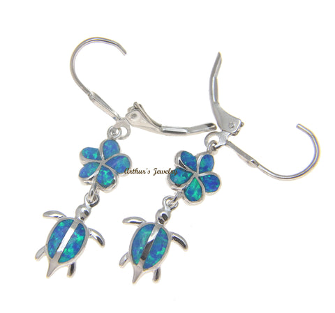 INLAY OPAL SILVER 925 HAWAIIAN PLUMERIA FLOWER HONU TURTLE LEVERBACK EARRINGS