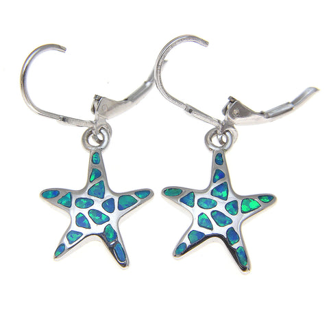 925 Silver Rhodium Hawaiian Starfish Sea Star Blue Opal Leverback Earrings
