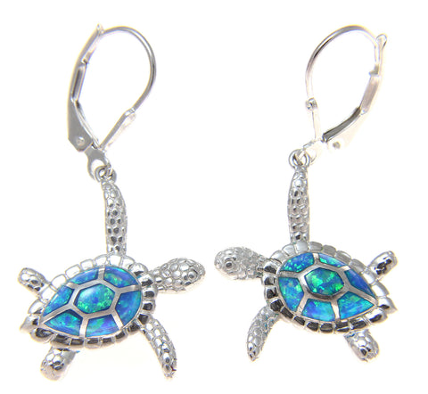 925 Sterling Silver Rhodium Hawaiian Honu Sea Turtle Opal Leverback Earrings
