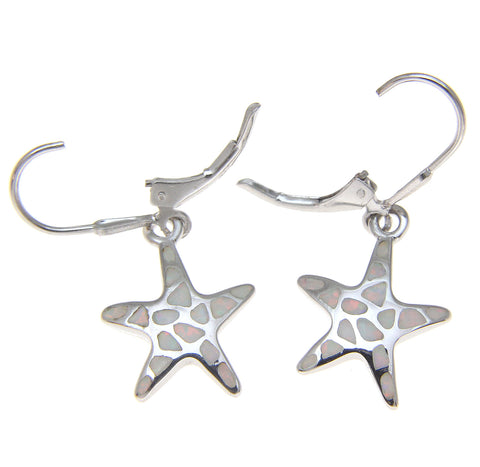 925 Silver Rhodium Hawaiian Starfish Sea Star White Opal Leverback Earrings