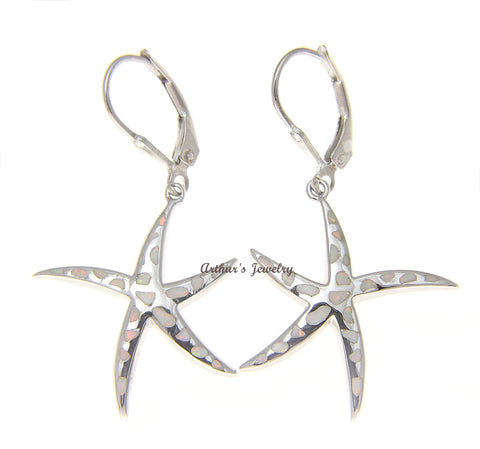 925 Silver Rhodium Hawaiian Starfish Sea Star White Opal Leverback Earrings