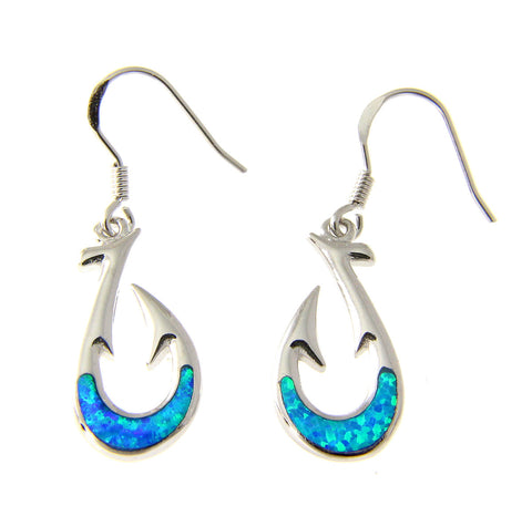 925 Sterling Silver Rhodium Hawaiian Fish Hook Blue Opal Hook Wire Earrings