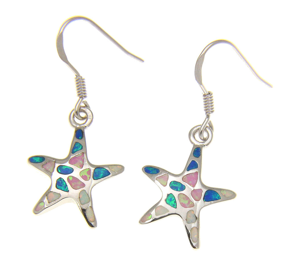 925 Silver Rhodium Hawaiian Starfish Sea Star Multi Opal Hook Wire Earrings