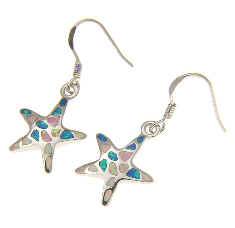 925 Silver Rhodium Hawaiian Starfish Sea Star Multi Opal Hook Wire Earrings