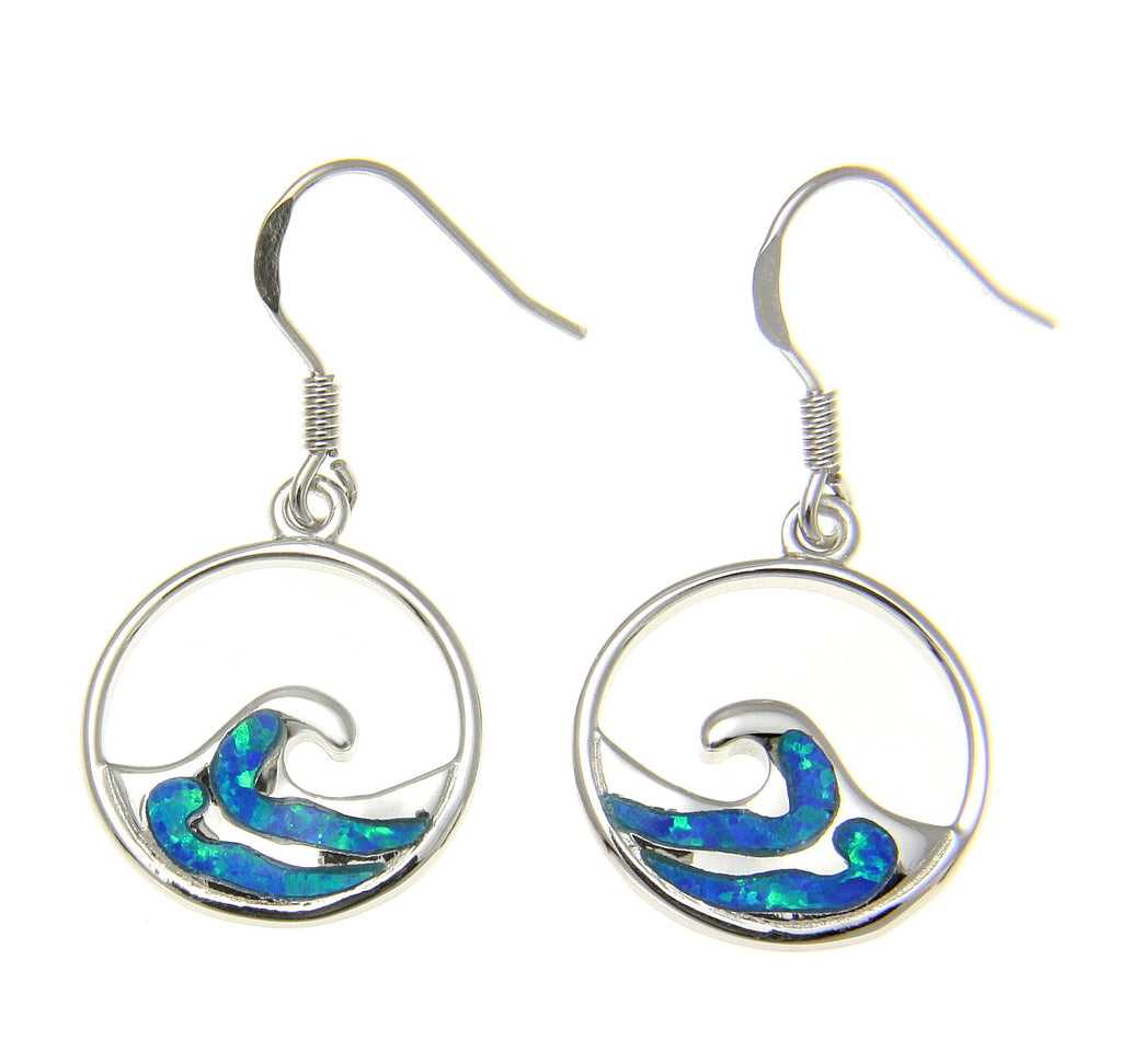 925 Sterling Silver Rhodium Hawaiian Ocean Wave Blue Opal Wire Hook Earrings