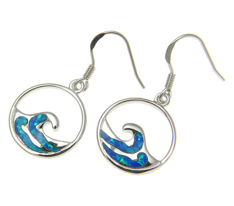 925 Sterling Silver Rhodium Hawaiian Ocean Wave Blue Opal Wire Hook Earrings