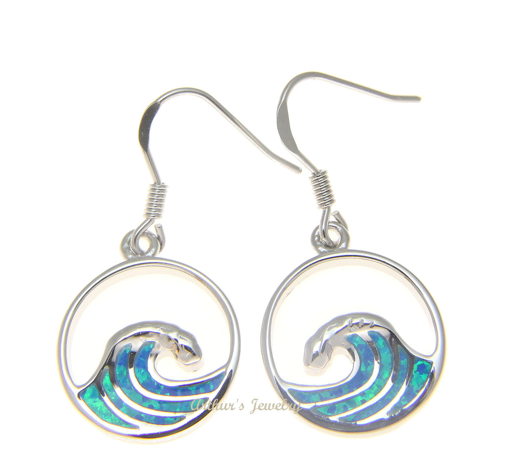925 Sterling Silver Rhodium Hawaiian Ocean Wave Blue Opal Wire Hook Earrings