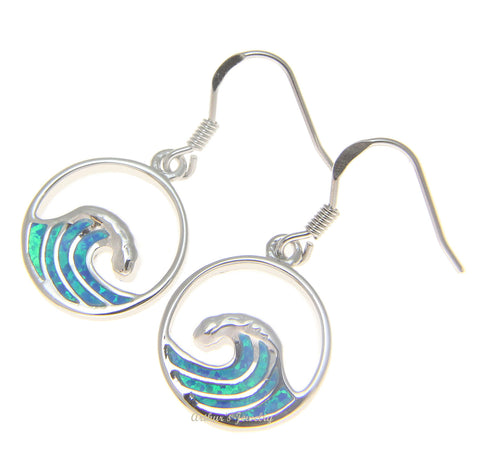 925 Sterling Silver Rhodium Hawaiian Ocean Wave Blue Opal Wire Hook Earrings