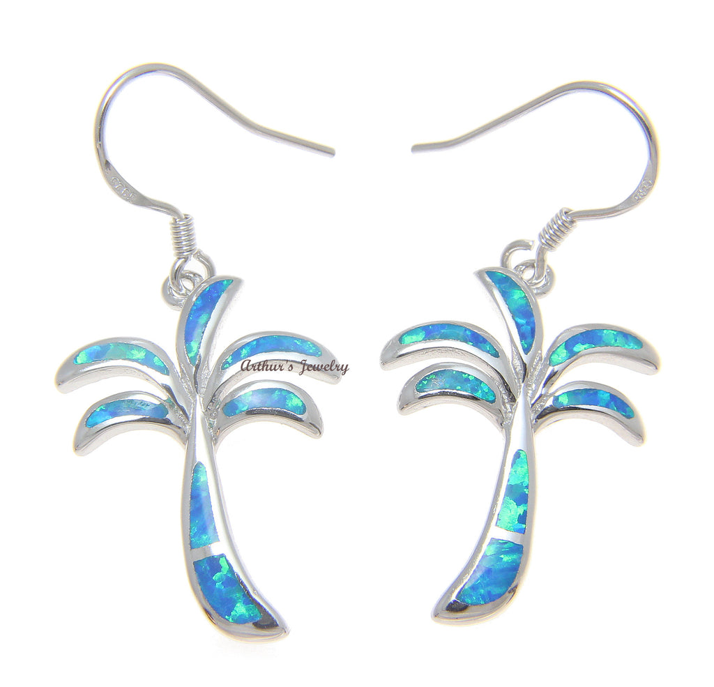 925 Sterling Silver Rhodium Hawaiian Palm Tree Blue Opal Hook Wire Earrings