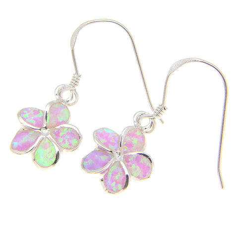 925 Silver Rhodium Hawaiian Plumeria Flower Pink Opal Wire Hook Earrings 8-15mm